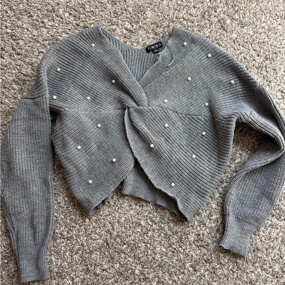 Timing Gray Pearl-Embellished Women's Cardigan